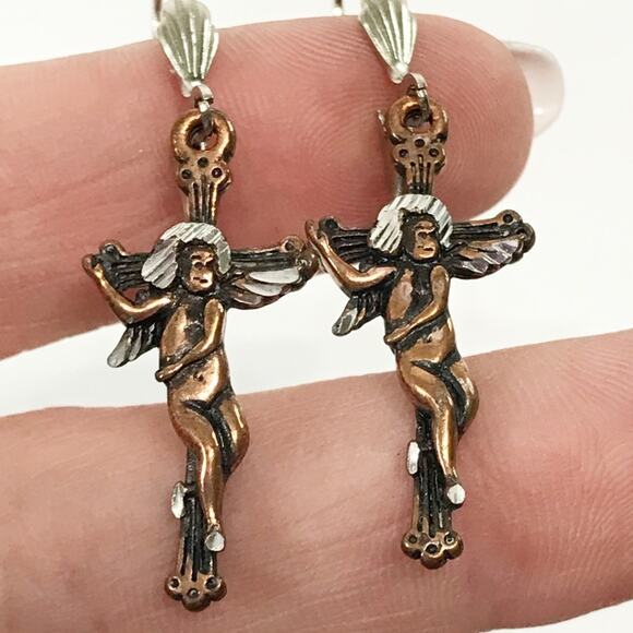 Artist Signed J96 Etched Copper Cherub Angel on Cross Drop Earrings - Picture 5 of 12